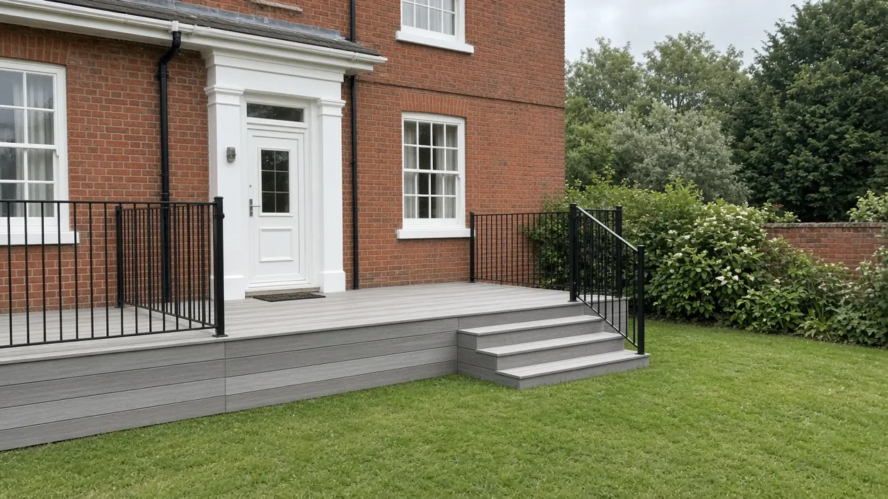 Example image: deck with vertical aluminium balustrade and a gate at the top of steps