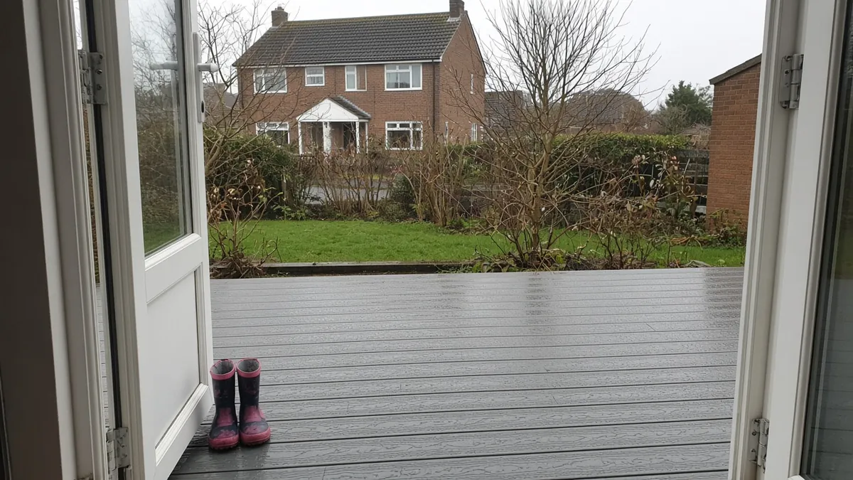 Example image: rain-wet embossed grey composite deck seen from the back doors of a 1960s detached house
