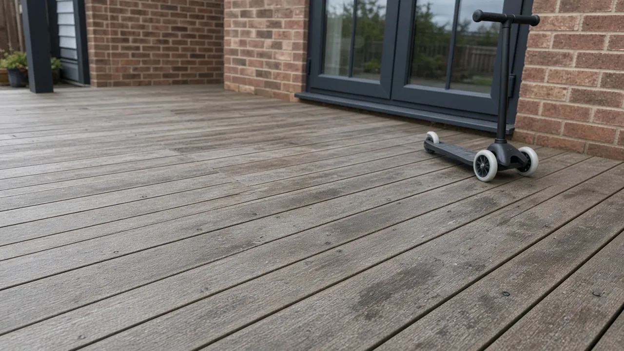 Example image: grippy embossed composite boards with a child's scooter resting on them