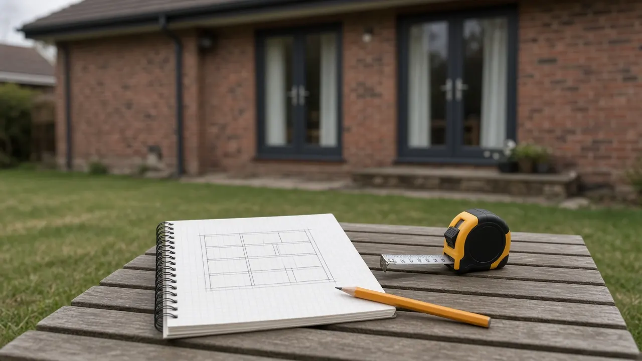 Example image: tape measure and sketch plan on a garden table beside a lawn