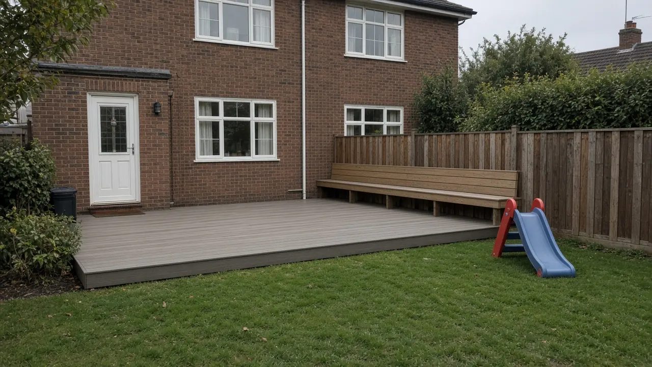 Example image: low composite family deck with a built-in bench behind a brick house in Cockerton