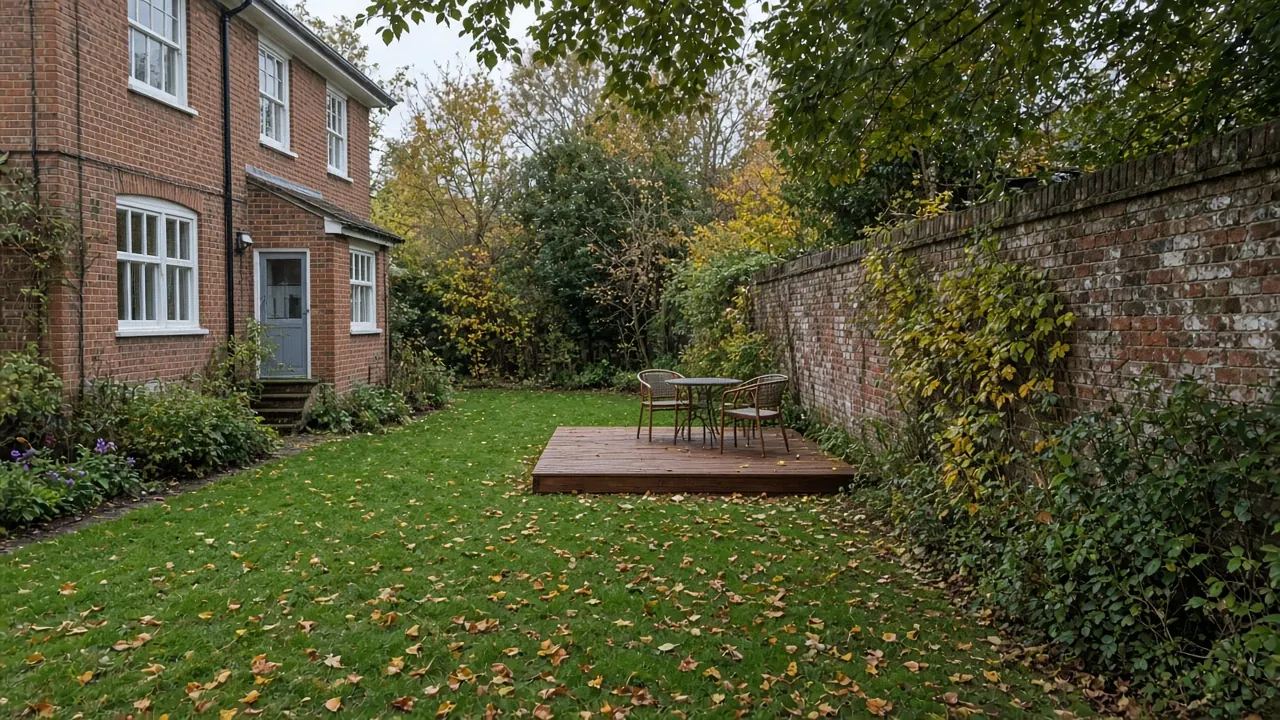 Example image: low freestanding hardwood deck in a walled garden behind an older house in Haughton-le-Skerne