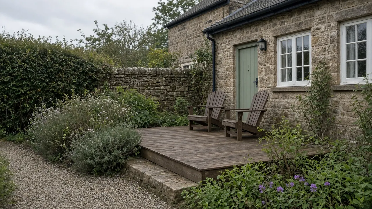 Example image: small low hardwood deck with a stone step beside a stone cottage in Heighington