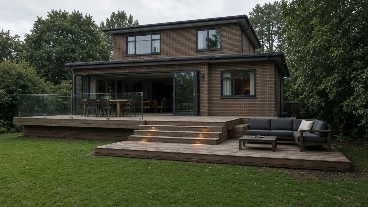 Example image: two-level hardwood deck with glass balustrade behind a detached house in Hummersknott