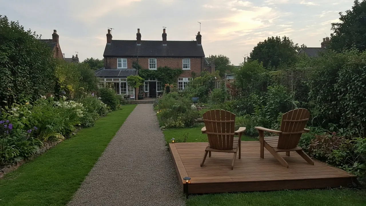 Example image: second deck at the bottom of a long garden behind an older house in Hurworth