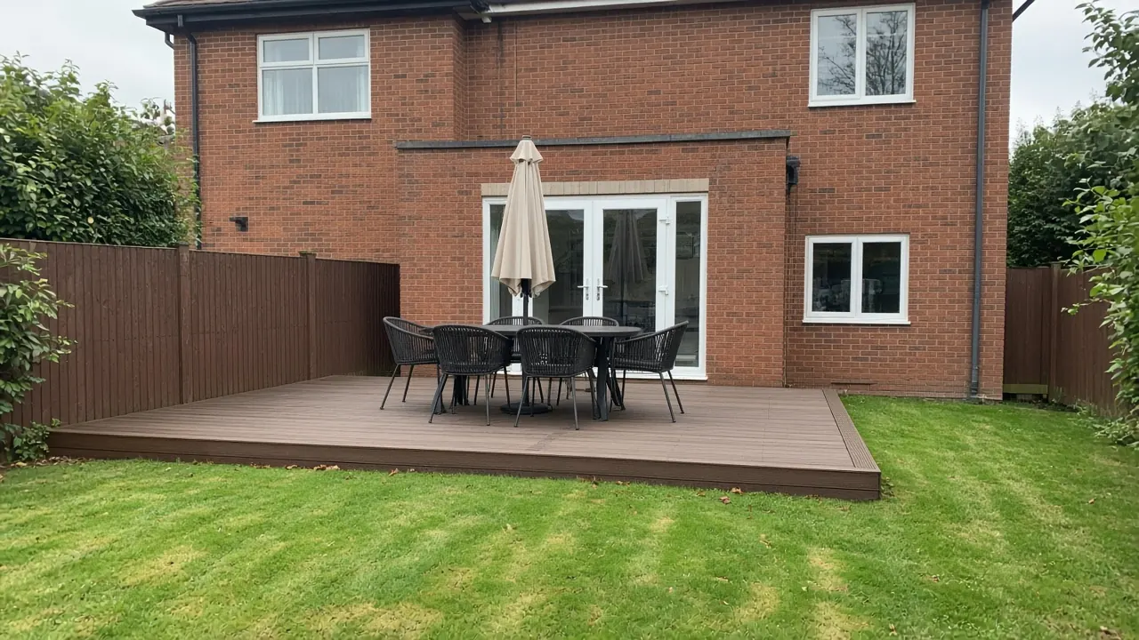 Example image: family composite deck level with patio doors behind a detached house in Middleton St George