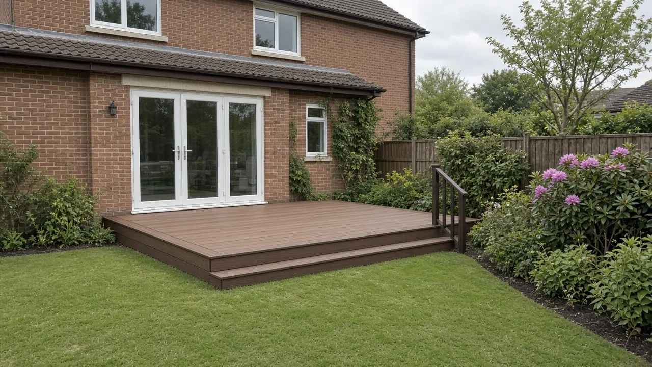 Example image: brown composite deck with steps and a handrail behind a brick house in Mowden