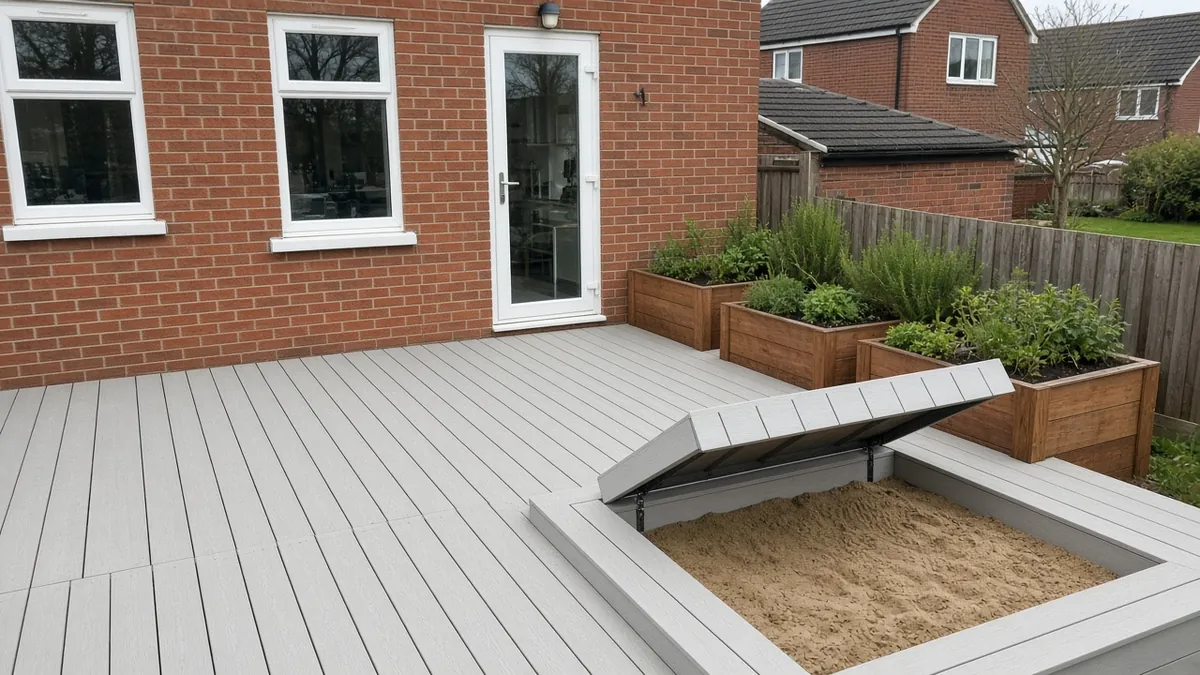 Example image: low deck with a built-in sandpit lid and planters