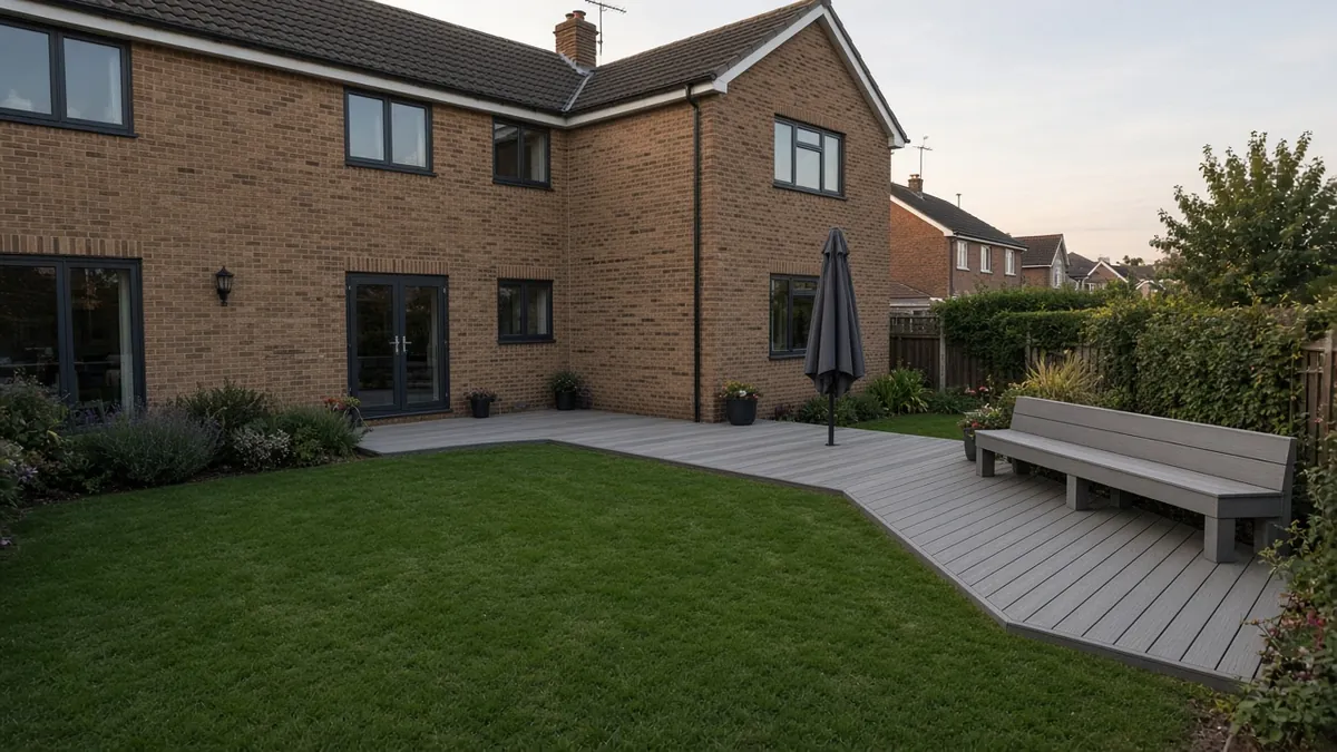 Example image: composite deck with a bench seat around a small lawn