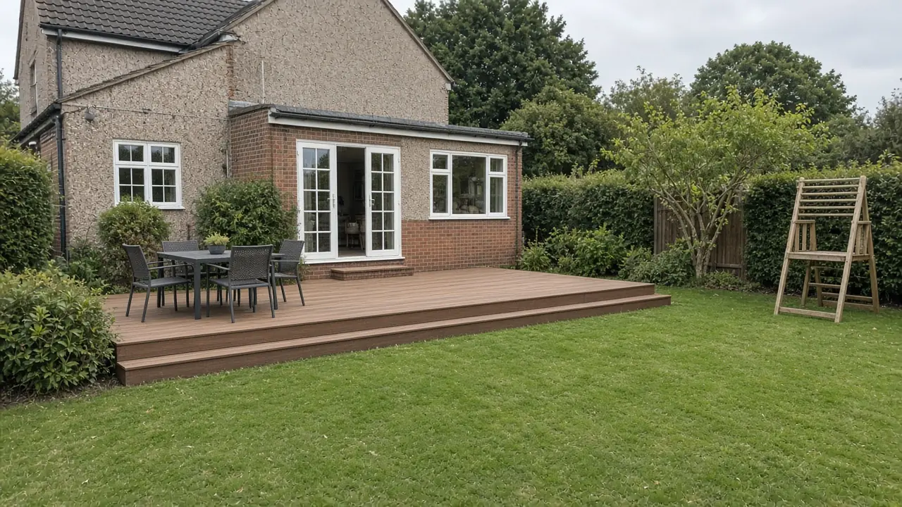 Example image: family composite deck with a lawn and a wooden play frame beyond