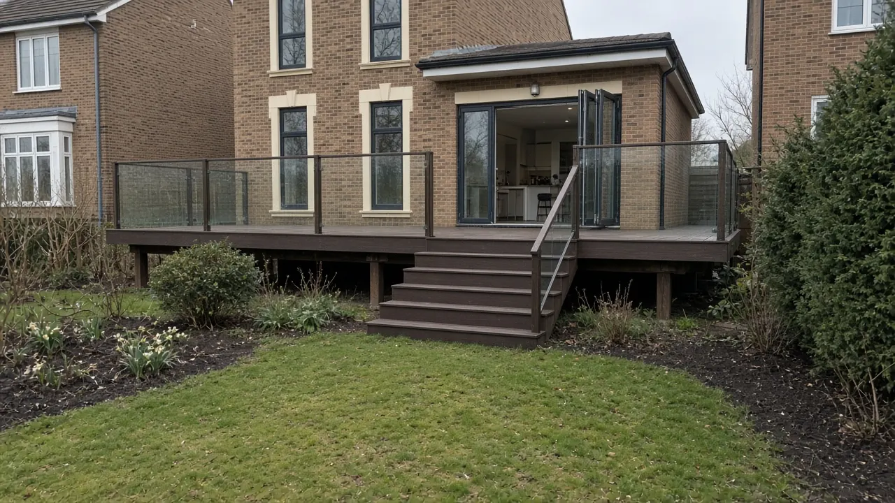 Example image: raised deck off a kitchen with steps down to a play lawn