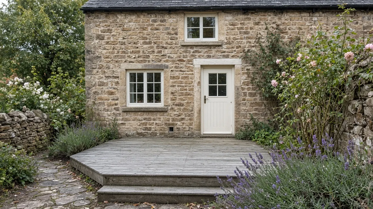 Example image: weathered silver hardwood deck beside a stone cottage
