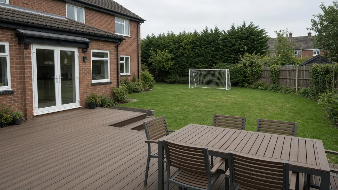 Example image: family deck with dining area and lawn left open for play